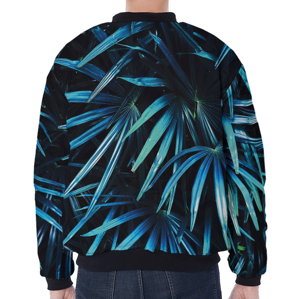 Turquoise Tropical Leaves Print Zip Sleeve Bomber Jacket