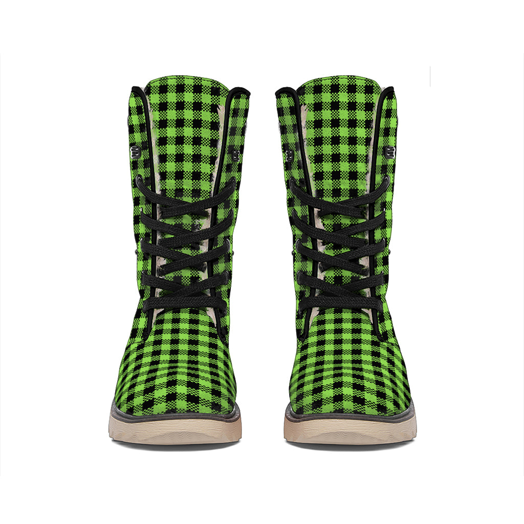 UFO Green Buffalo Plaid Print Winter Boots