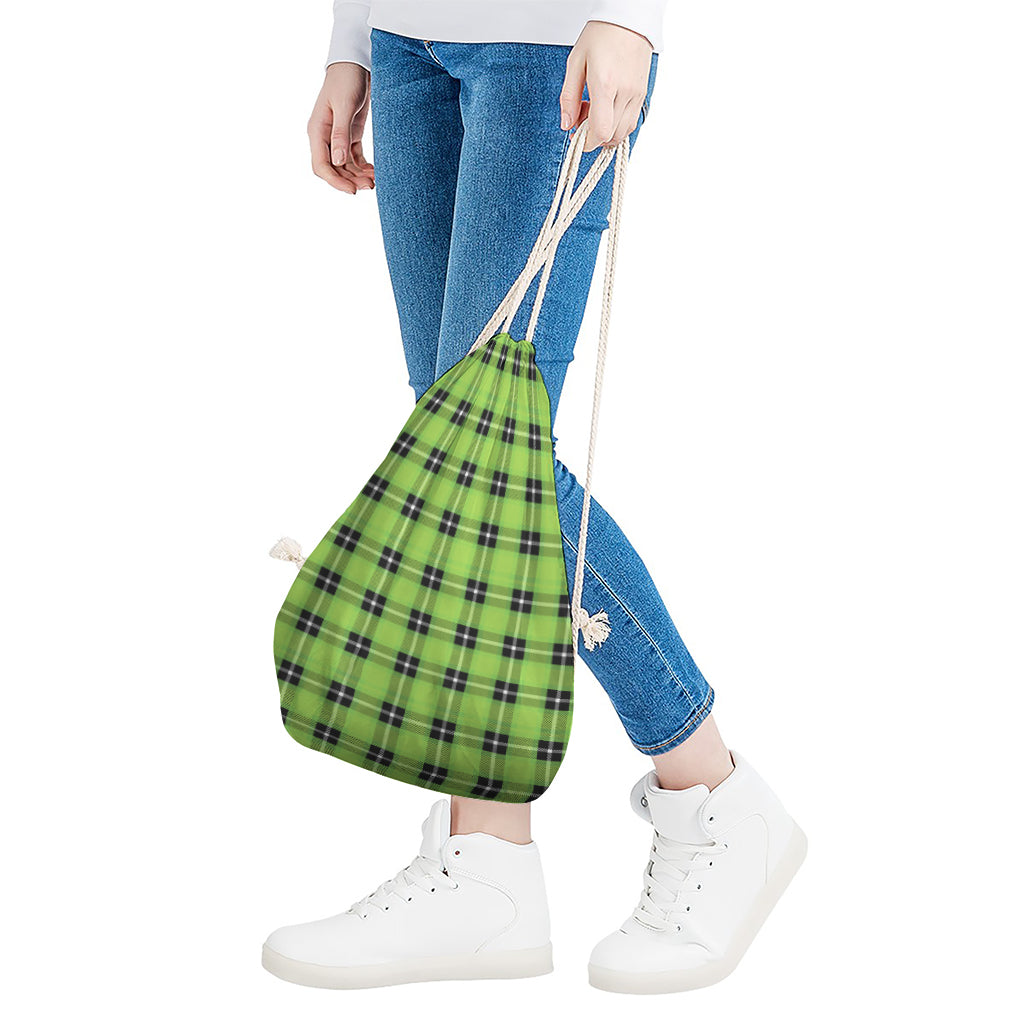 UFO Green Tartan Pattern Print Drawstring Bag