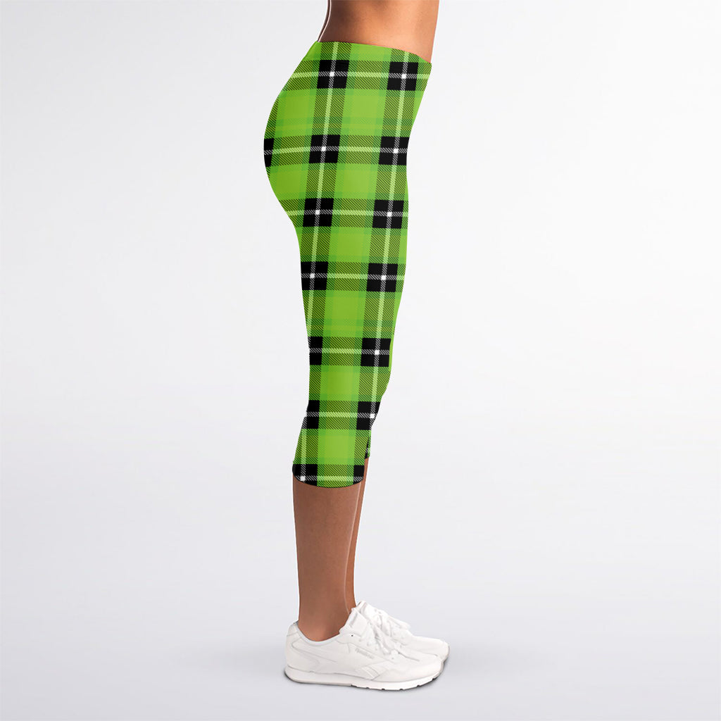 UFO Green Tartan Pattern Print Women's Capri Leggings