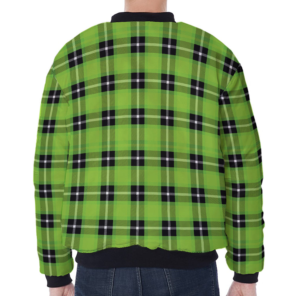 UFO Green Tartan Pattern Print Zip Sleeve Bomber Jacket