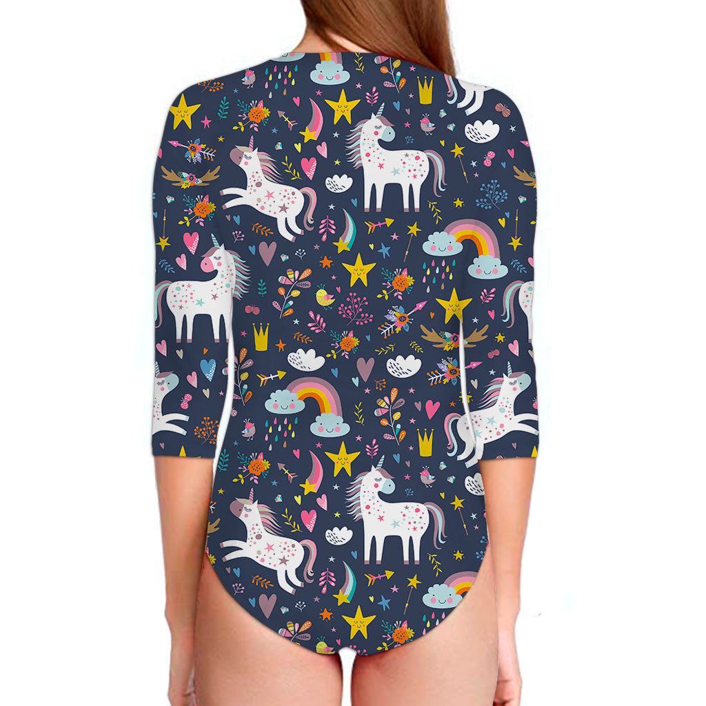 Unicorn Dream Cartoon Pattern Print Long Sleeve Swimsuit