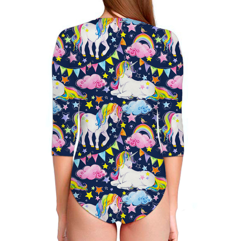 Unicorn Night Festival Pattern Print Long Sleeve Swimsuit