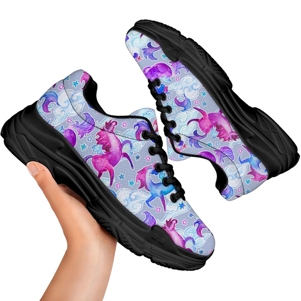 Unicorn Paradise Pattern Print Black Chunky Shoes