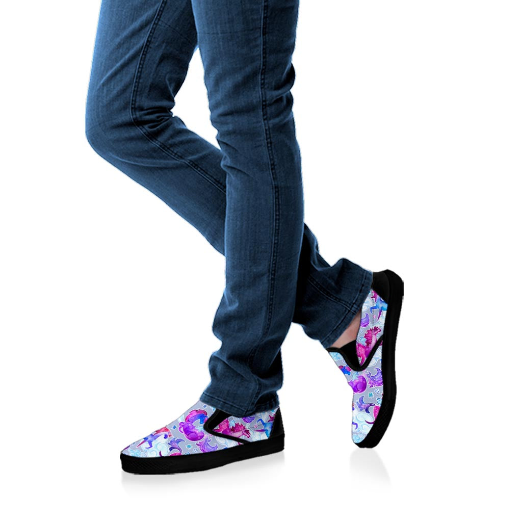 Unicorn Paradise Pattern Print Black Slip On Sneakers