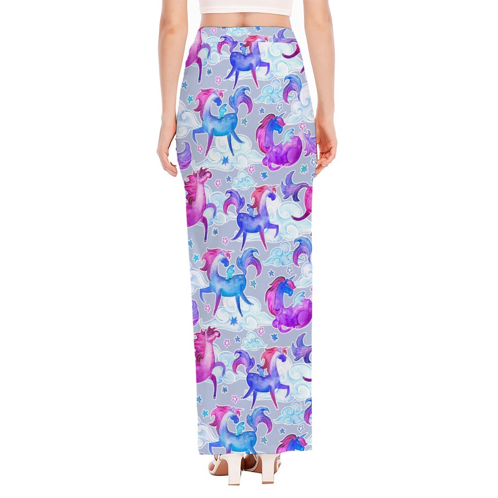 Unicorn Paradise Pattern Print High Slit Maxi Skirt