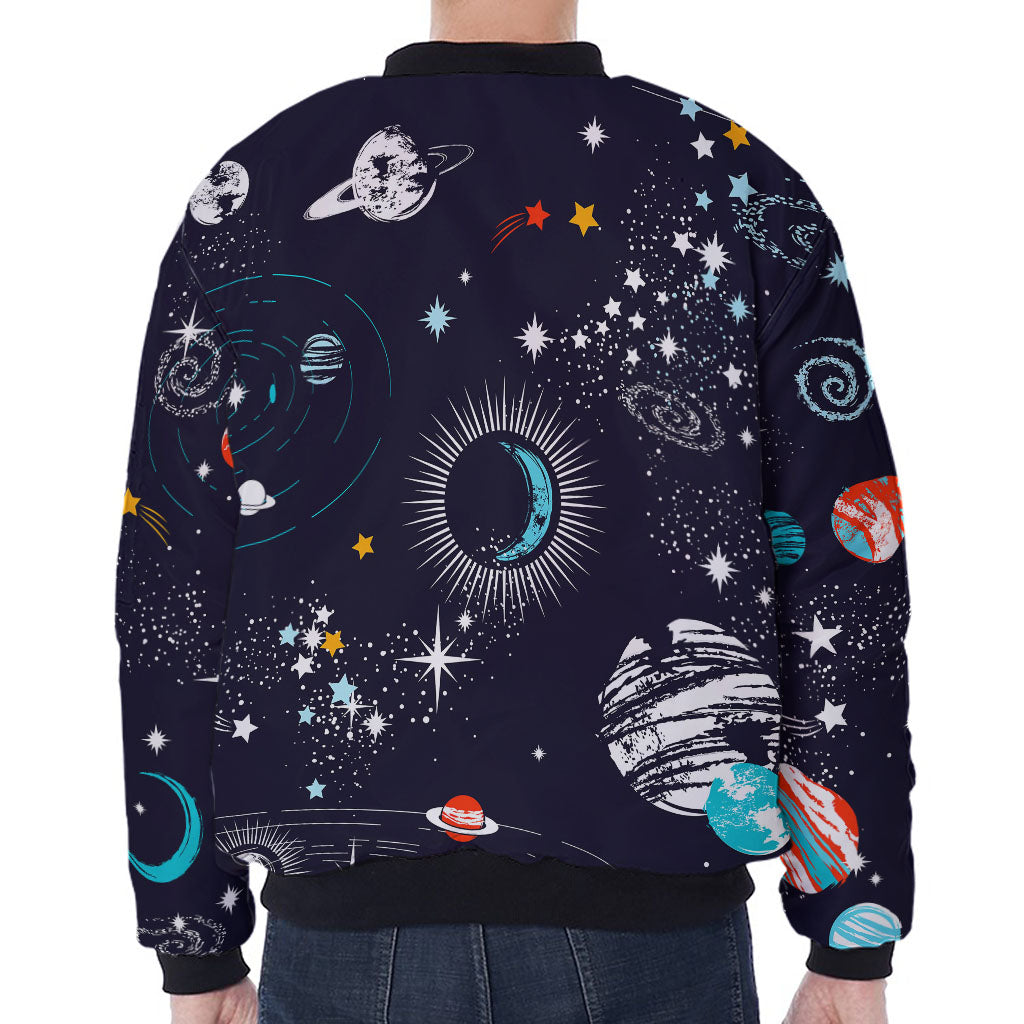 Universe Galaxy Outer Space Print Zip Sleeve Bomber Jacket