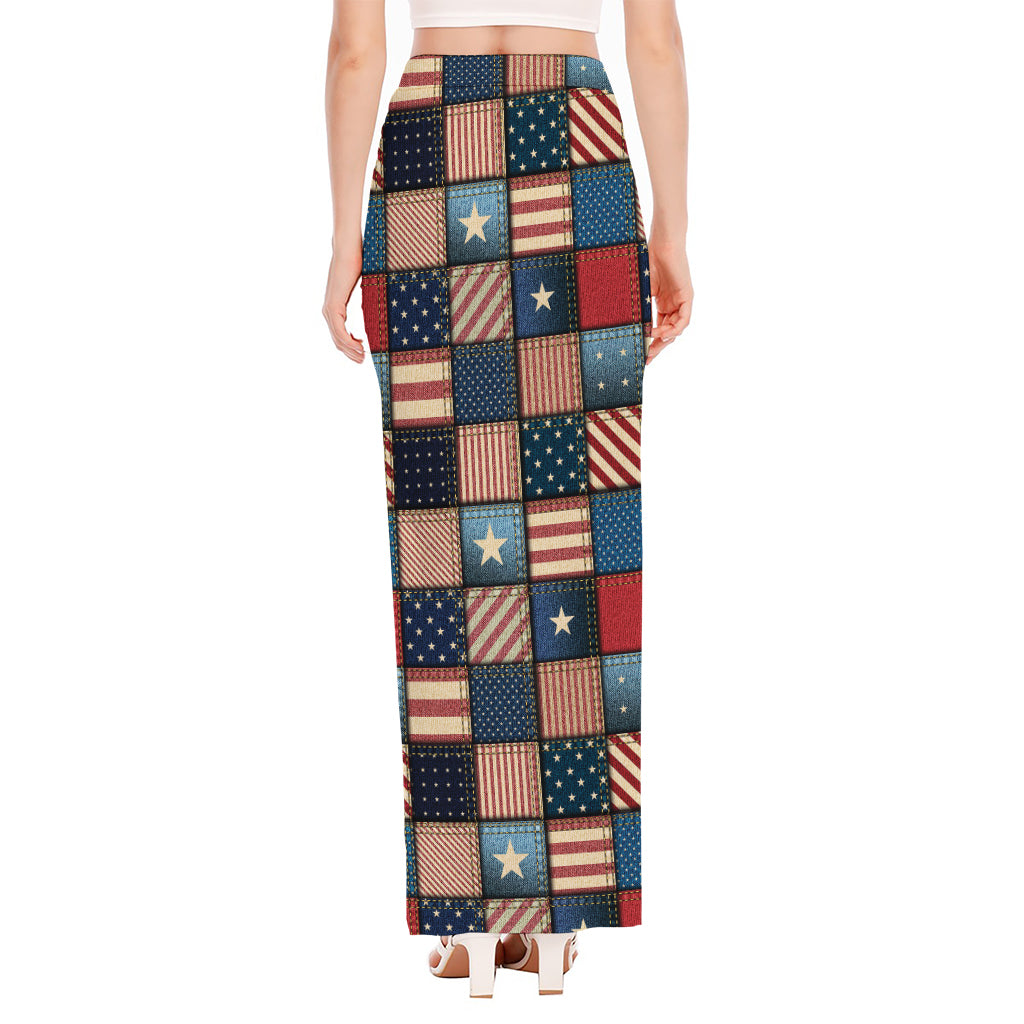 USA Denim Patchwork Pattern Print High Slit Maxi Skirt