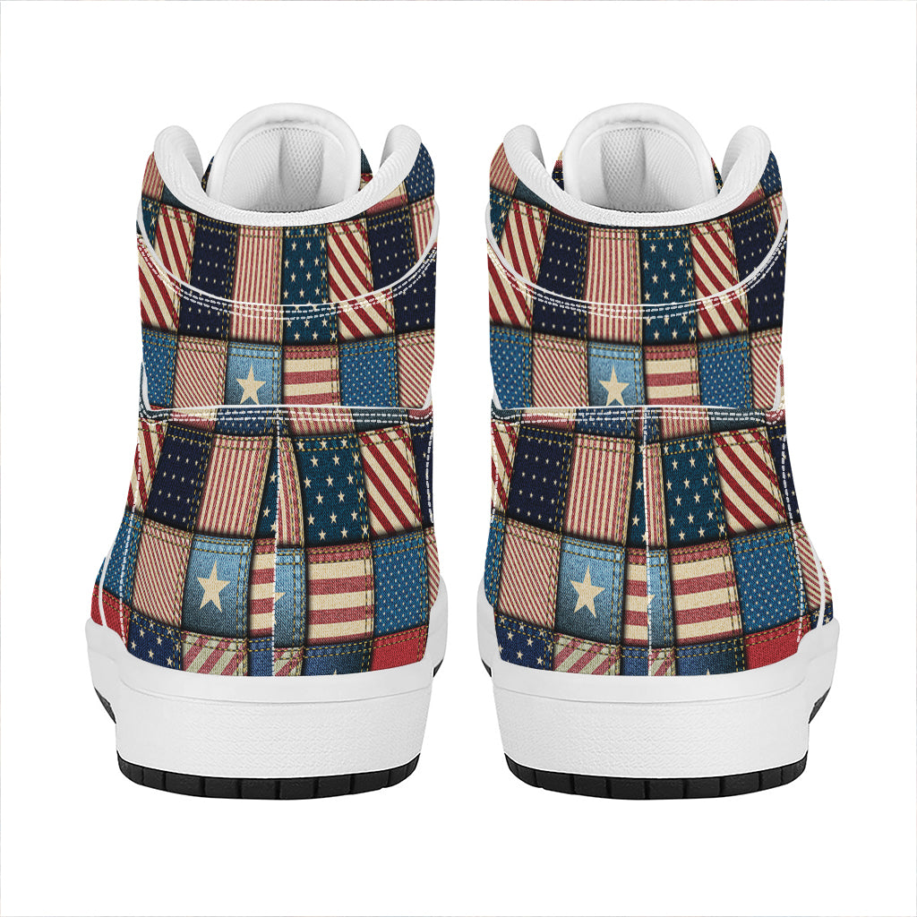 USA Denim Patchwork Pattern Print High Top Leather Sneakers
