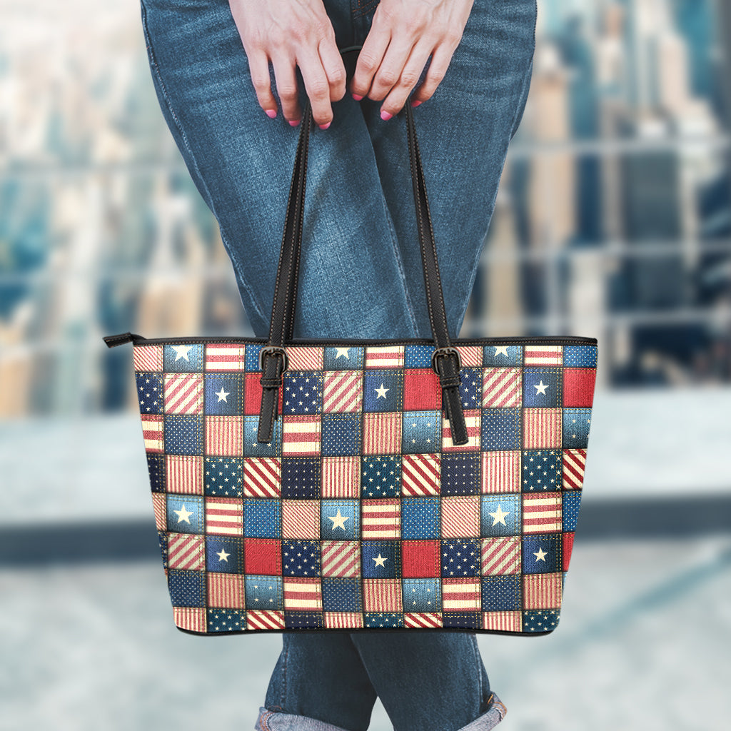 USA Denim Patchwork Pattern Print Leather Tote Bag