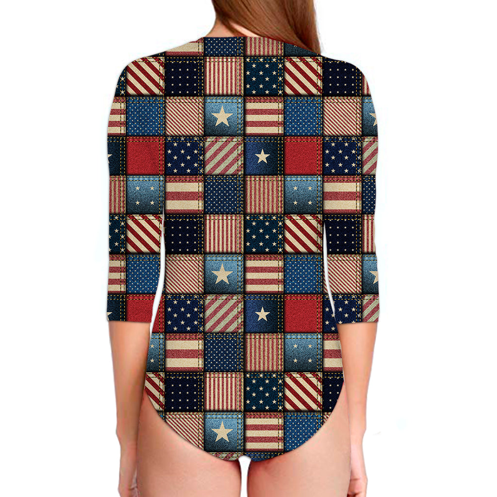 USA Denim Patchwork Pattern Print Long Sleeve Swimsuit