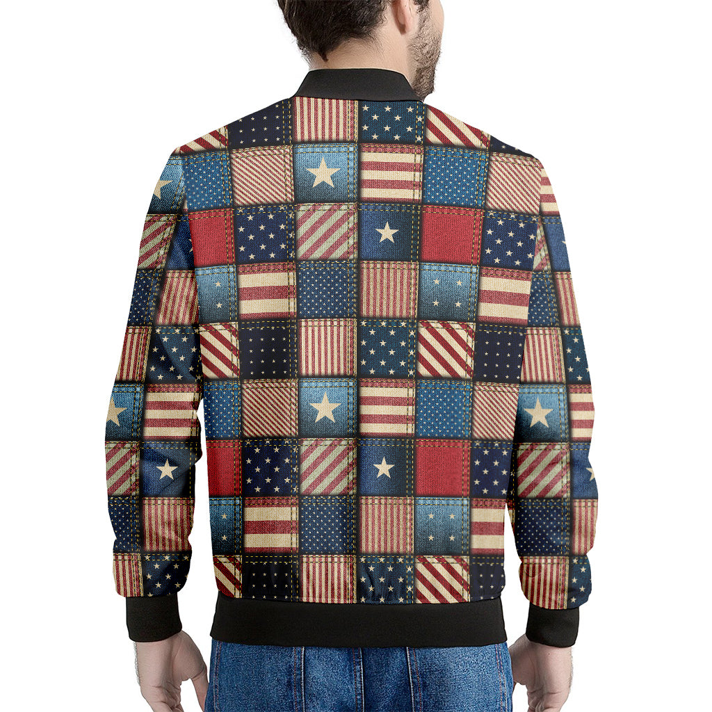 USA Denim Patchwork Pattern Print Men's Bomber Jacket