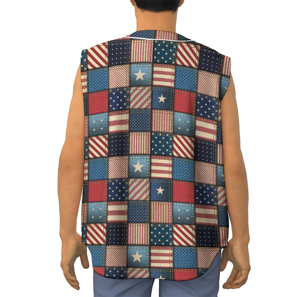 USA Denim Patchwork Pattern Print Sleeveless Baseball Jersey
