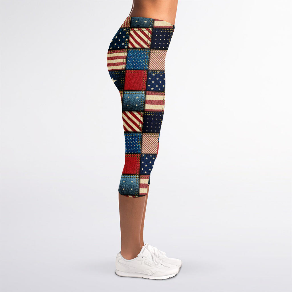 USA Denim Patchwork Pattern Print Women's Capri Leggings