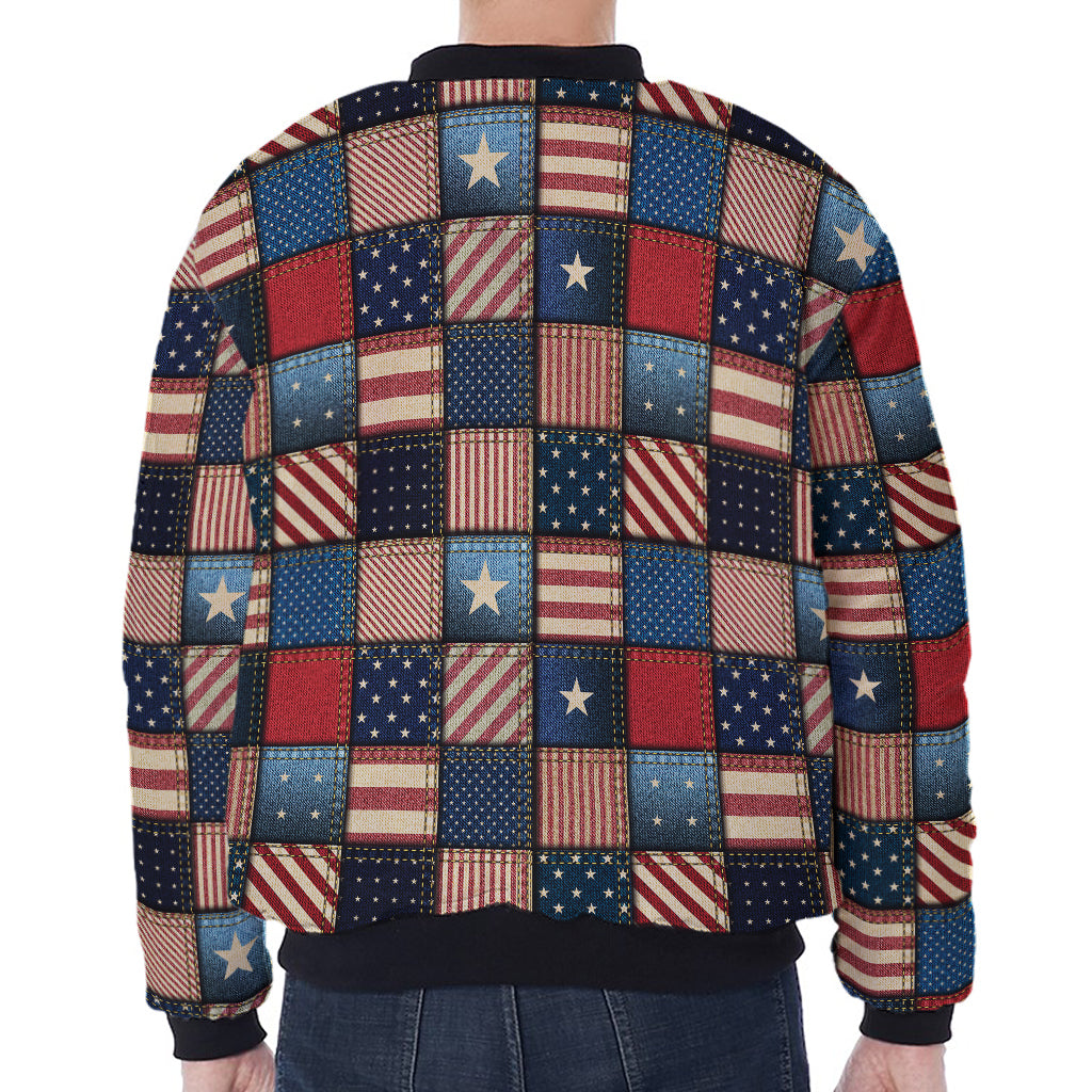 USA Denim Patchwork Pattern Print Zip Sleeve Bomber Jacket