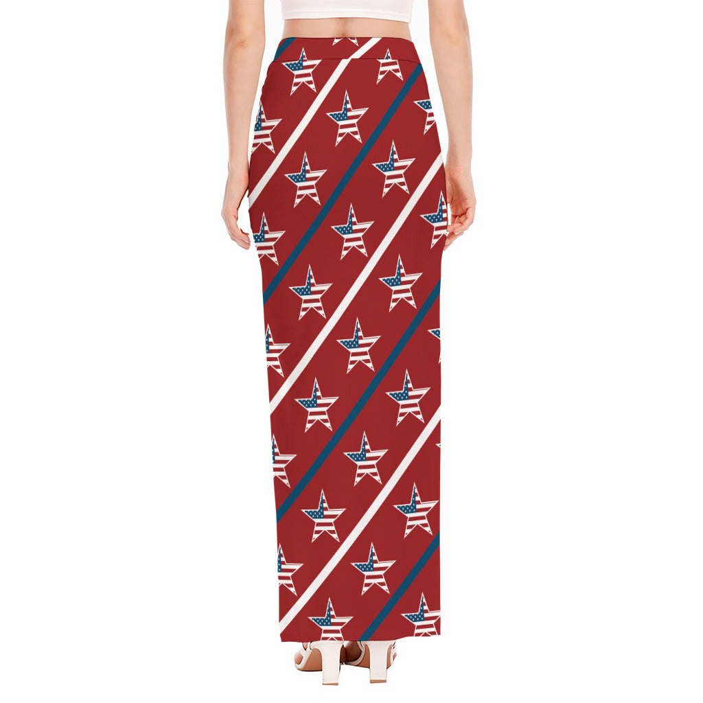 USA Patriotic Star Pattern Print High Slit Maxi Skirt