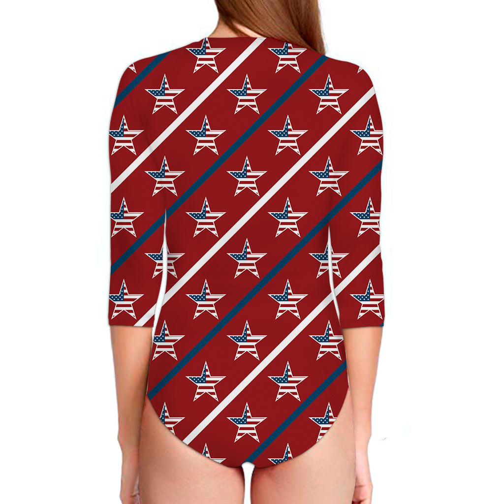 USA Patriotic Star Pattern Print Long Sleeve Swimsuit
