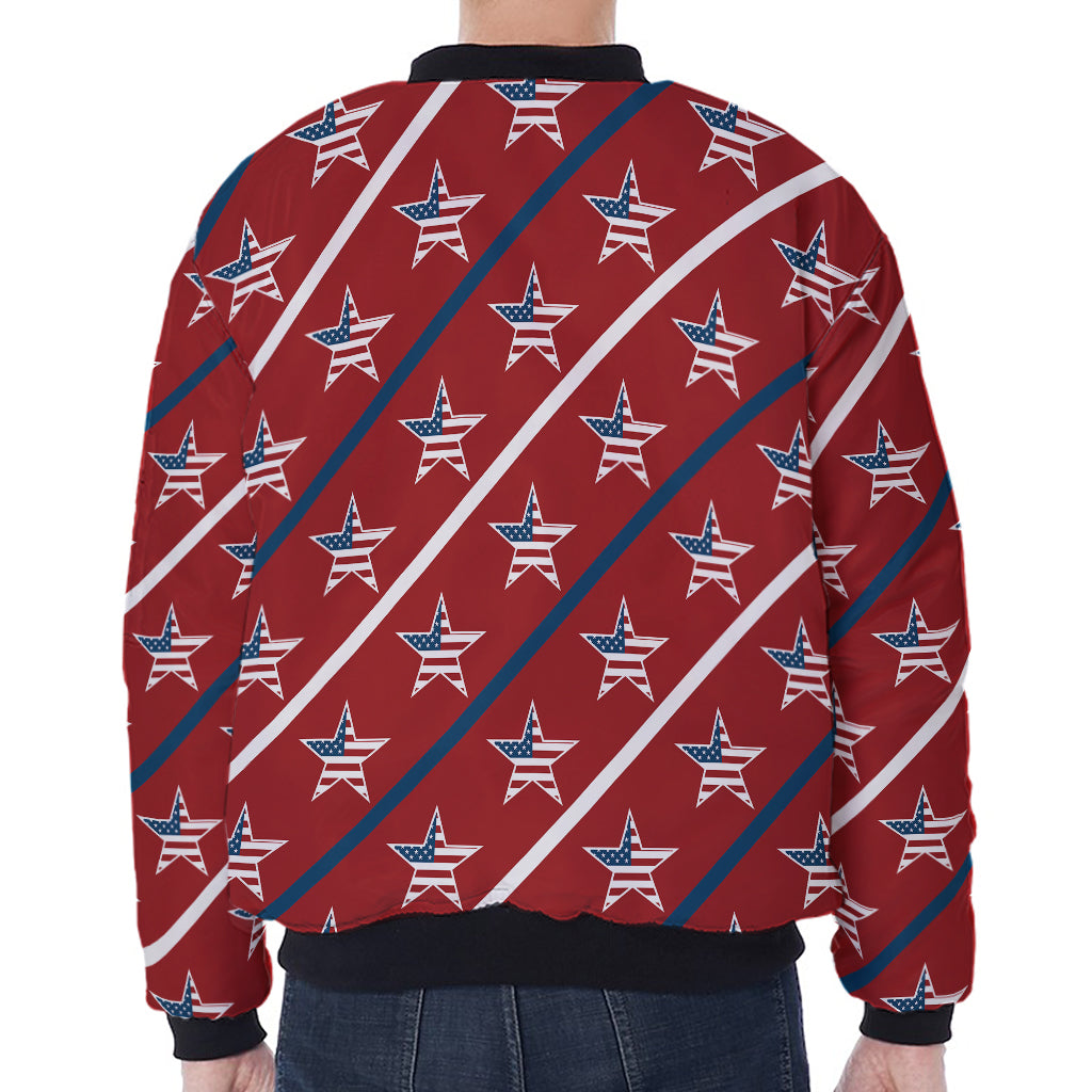 USA Patriotic Star Pattern Print Zip Sleeve Bomber Jacket