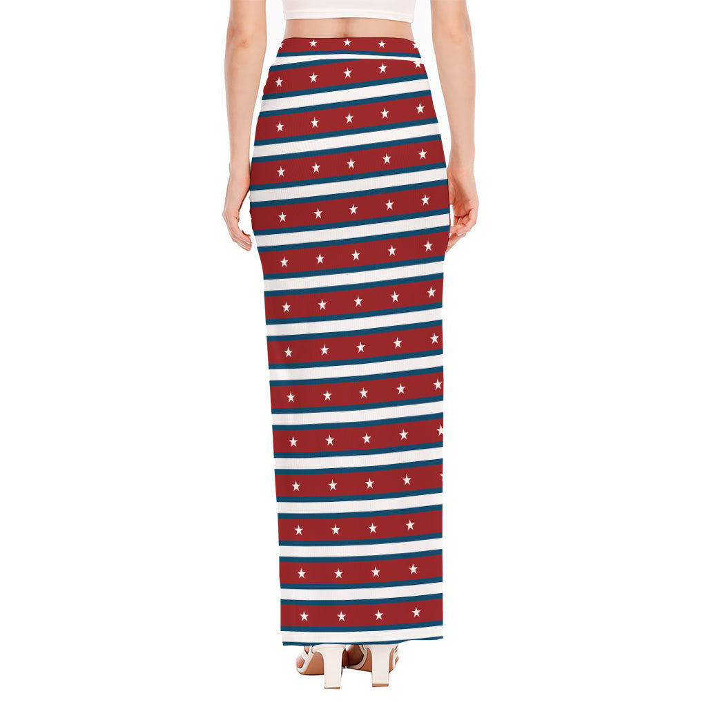 USA Striped Pattern Print High Slit Maxi Skirt