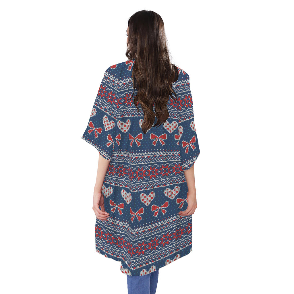 Valentine's Day Knitted Pattern Print Open Front Beach Cover Up