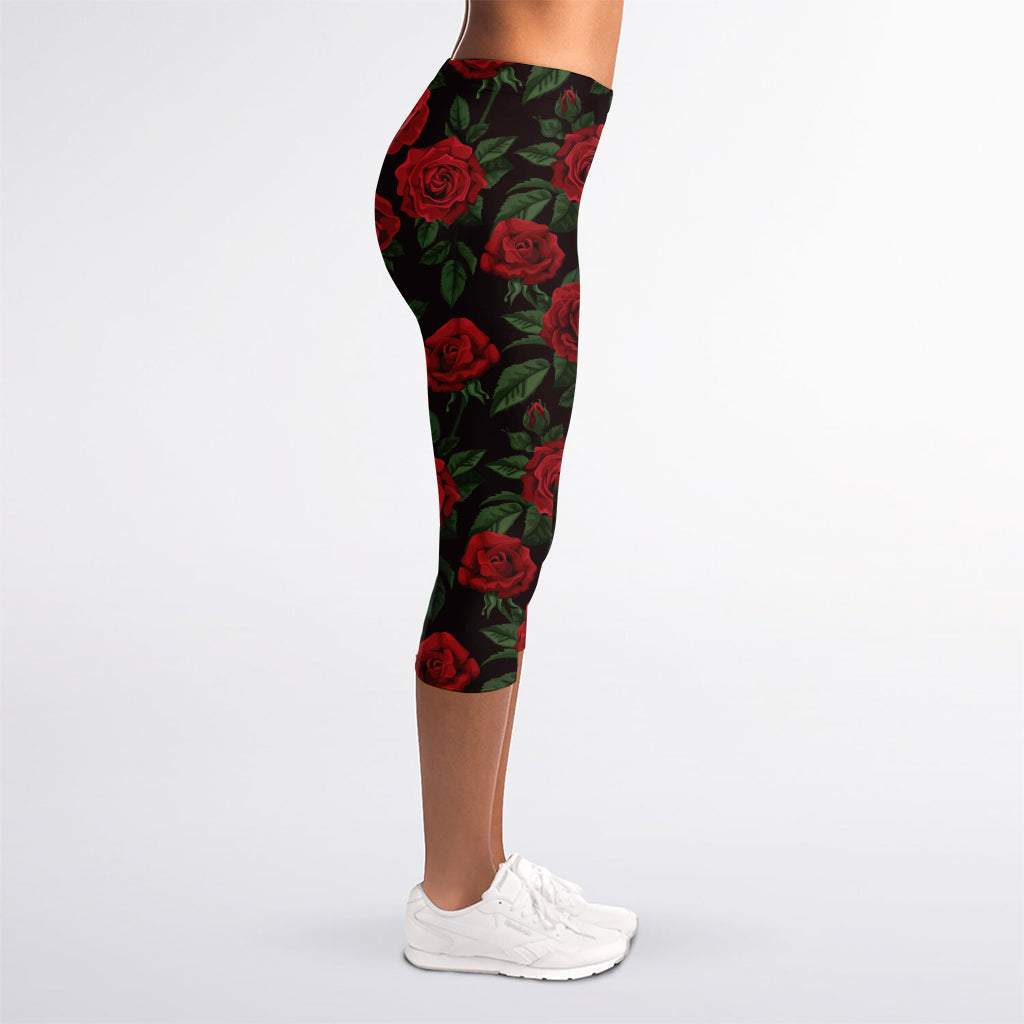 Valentine's Day Rose Pattern Print Women's Capri Leggings