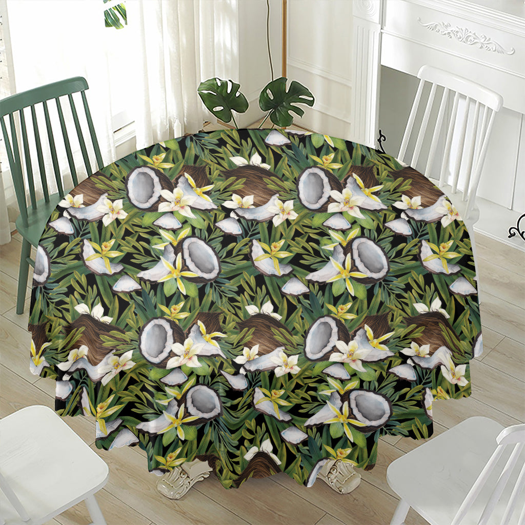Vanilla Flower And Coconut Pattern Print Waterproof Round Tablecloth