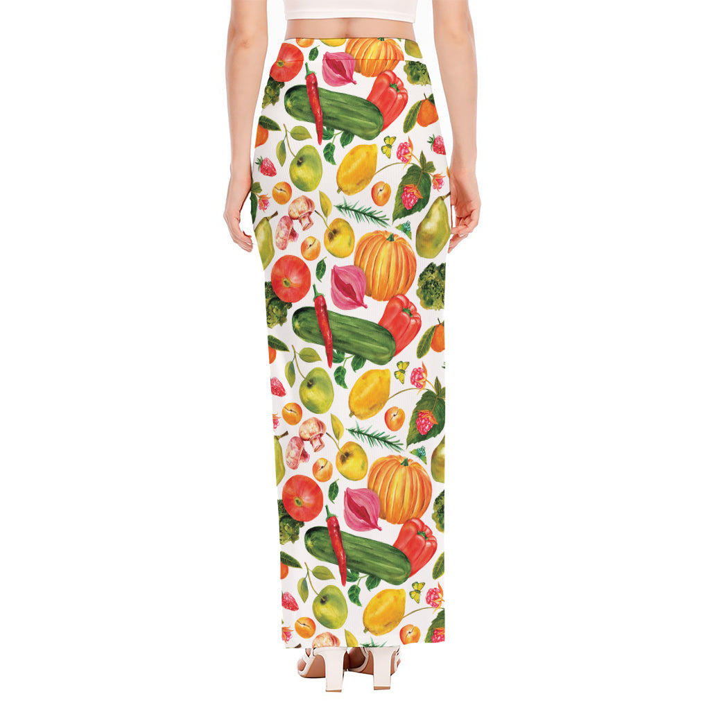 Vegan Fruits And Vegetables Print High Slit Maxi Skirt