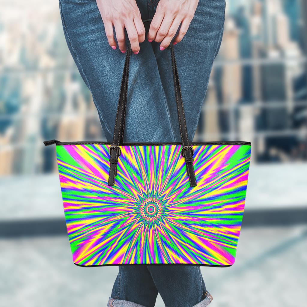 Vibrant Psychedelic Optical Illusion Leather Tote Bag