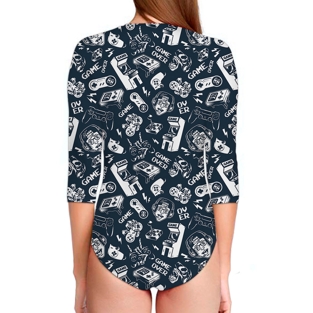 Video Game Devices Pattern Print Long Sleeve Swimsuit