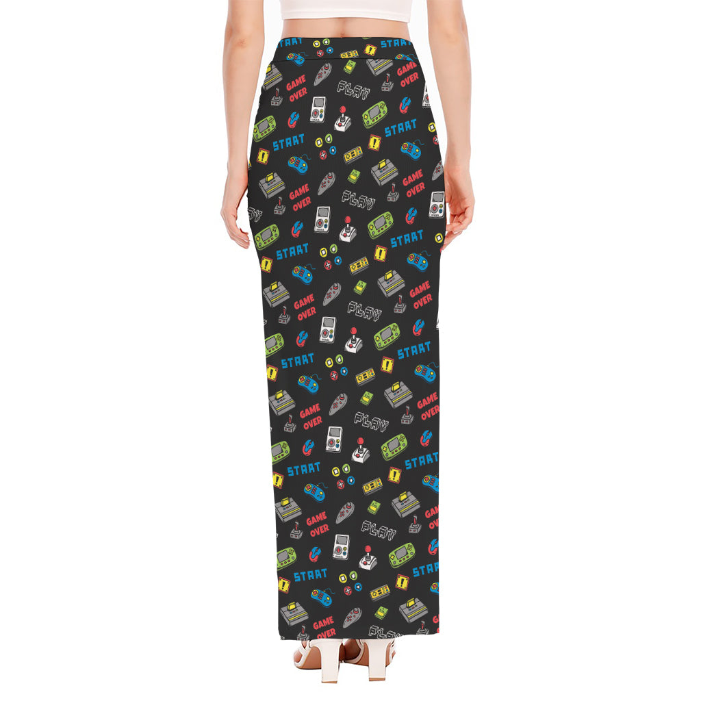 Video Game Gadgets Pattern Print High Slit Maxi Skirt