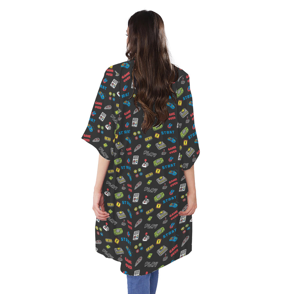 Video Game Gadgets Pattern Print Open Front Beach Cover Up
