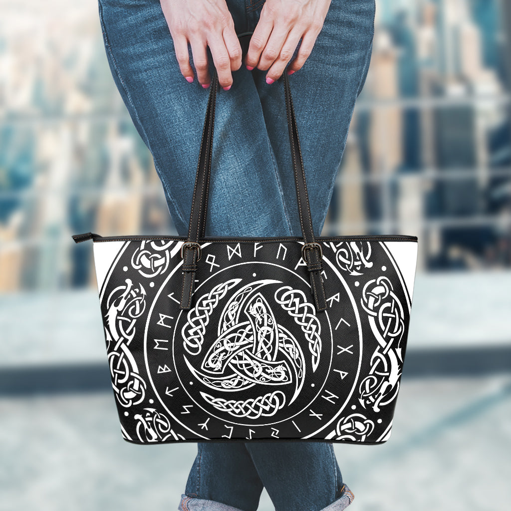Viking Triple Horn Of Odin Print Leather Tote Bag
