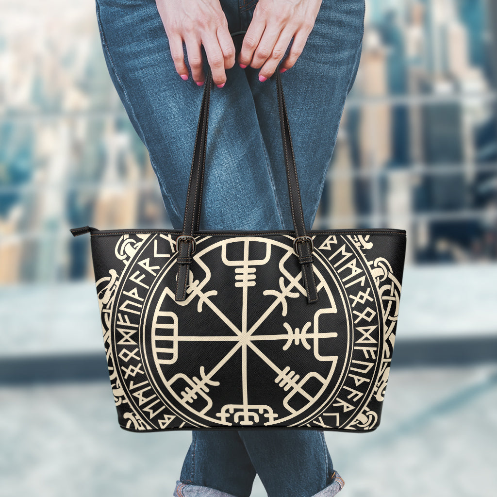 Viking Vegvisir Print Leather Tote Bag