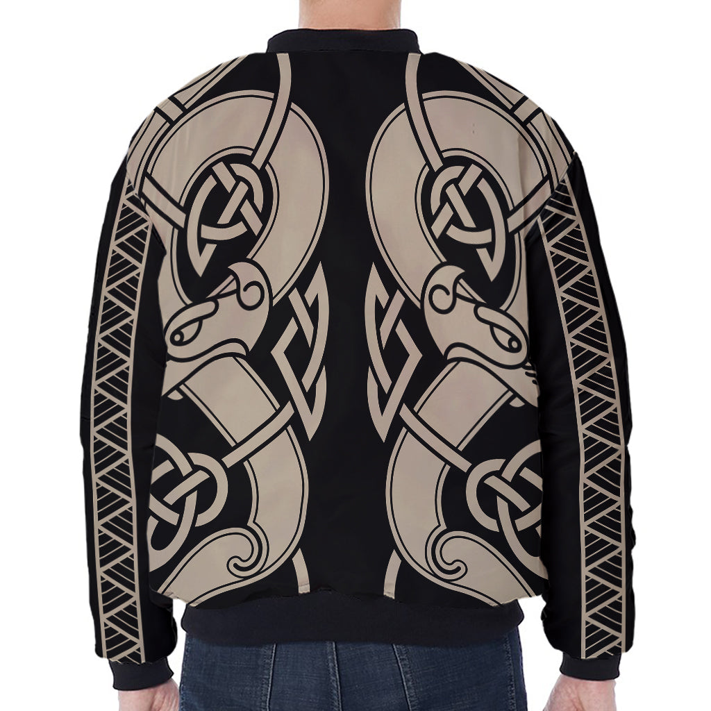 Viking Wolves Symbol Print Zip Sleeve Bomber Jacket