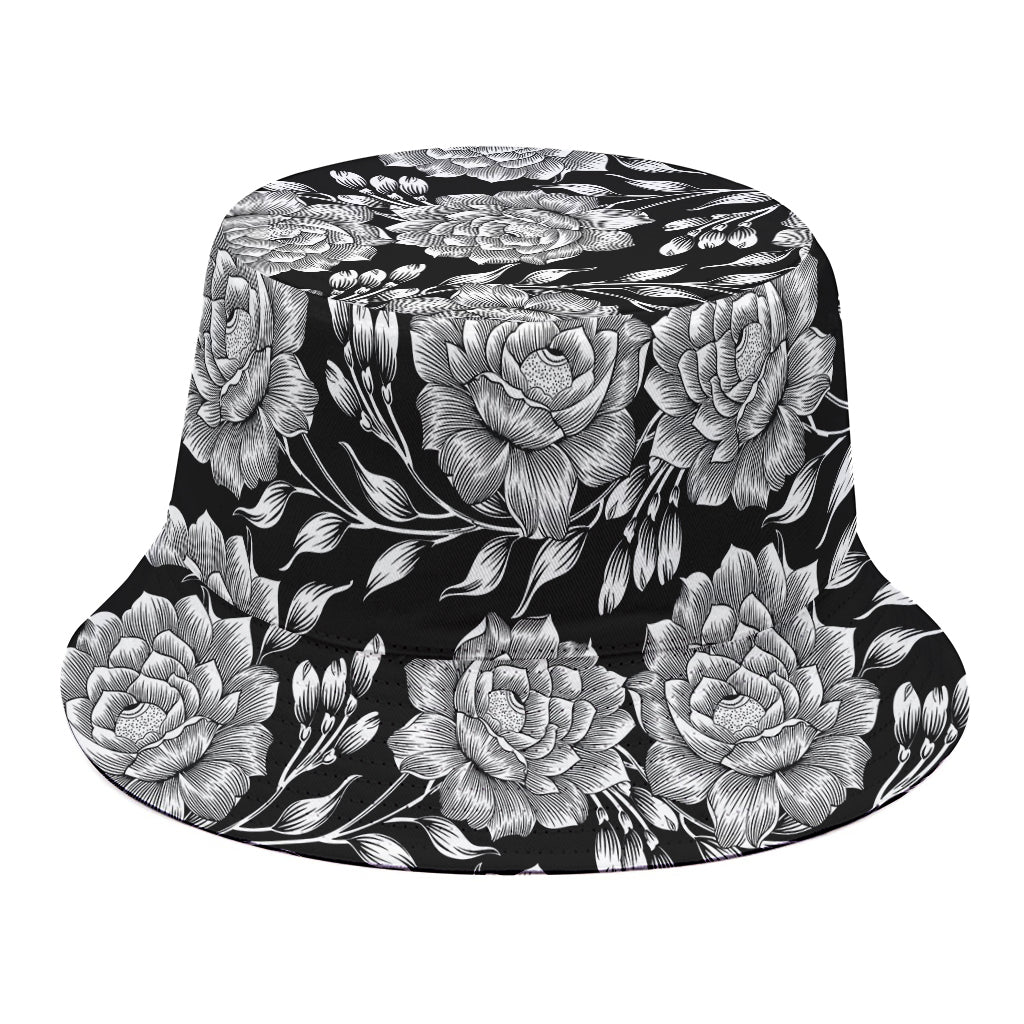 Vintage Black And White Floral Print Bucket Hat