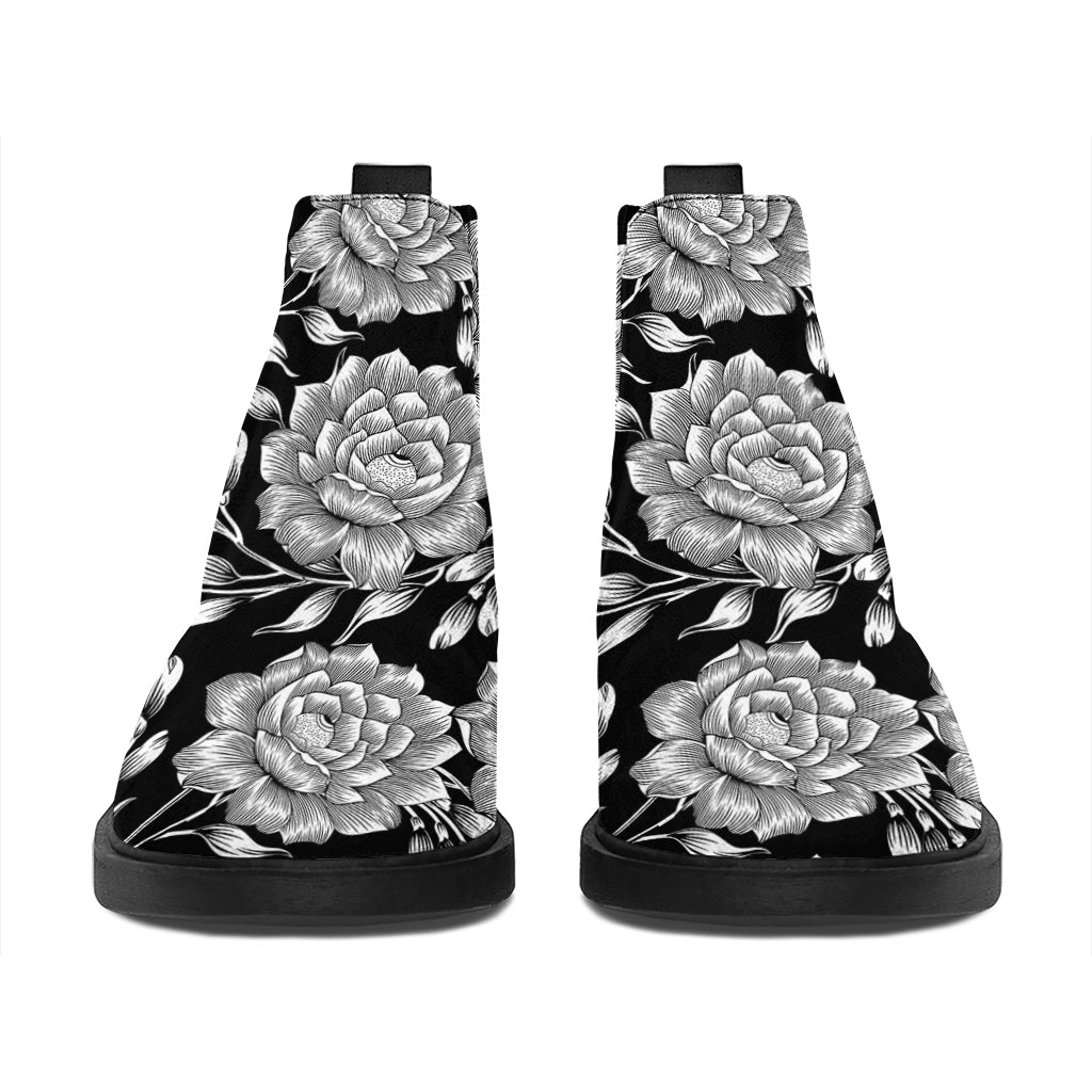 Vintage Black And White Floral Print Flat Ankle Boots