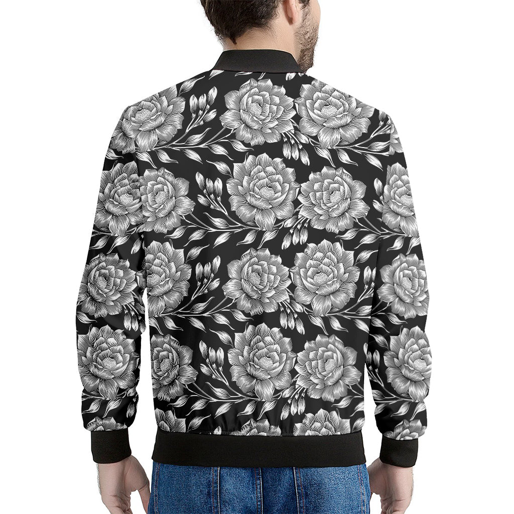 Vintage Black And White Floral Print Men's Bomber Jacket
