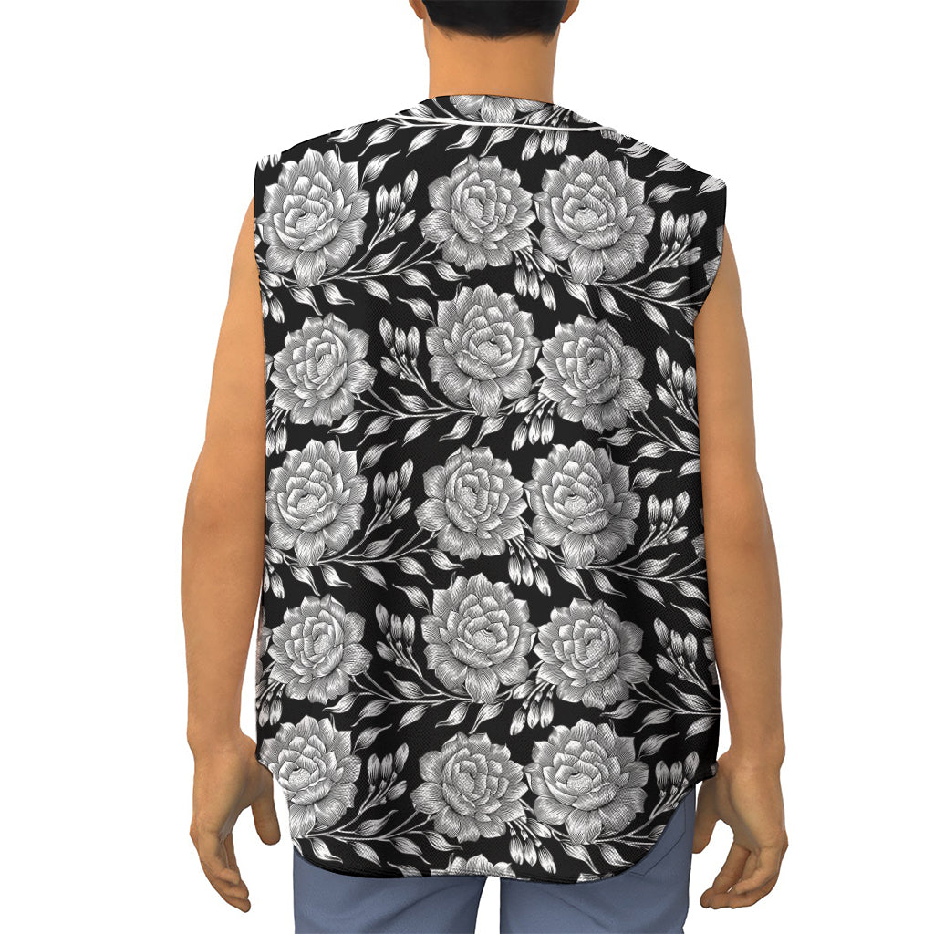 Vintage Black And White Floral Print Sleeveless Baseball Jersey