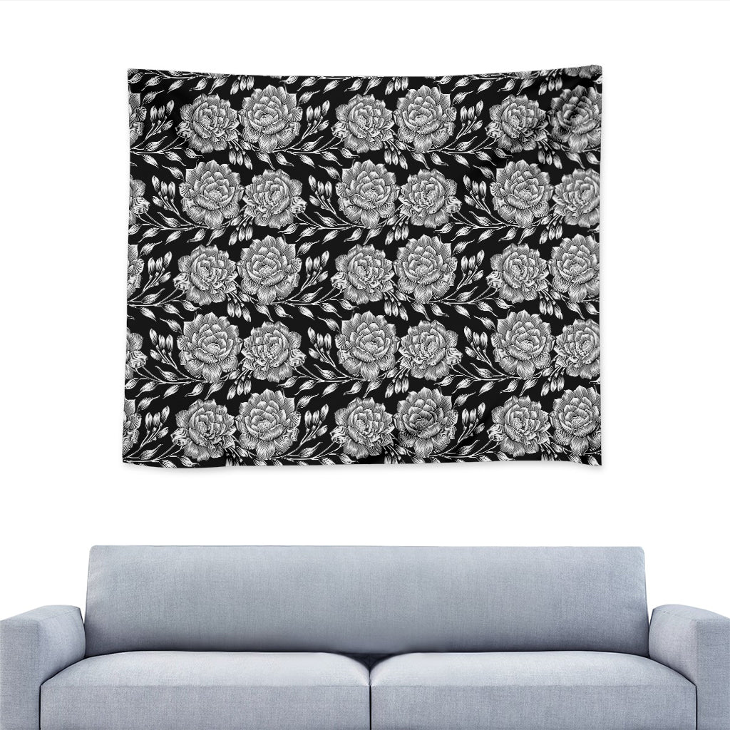 Vintage Black And White Floral Print Tapestry