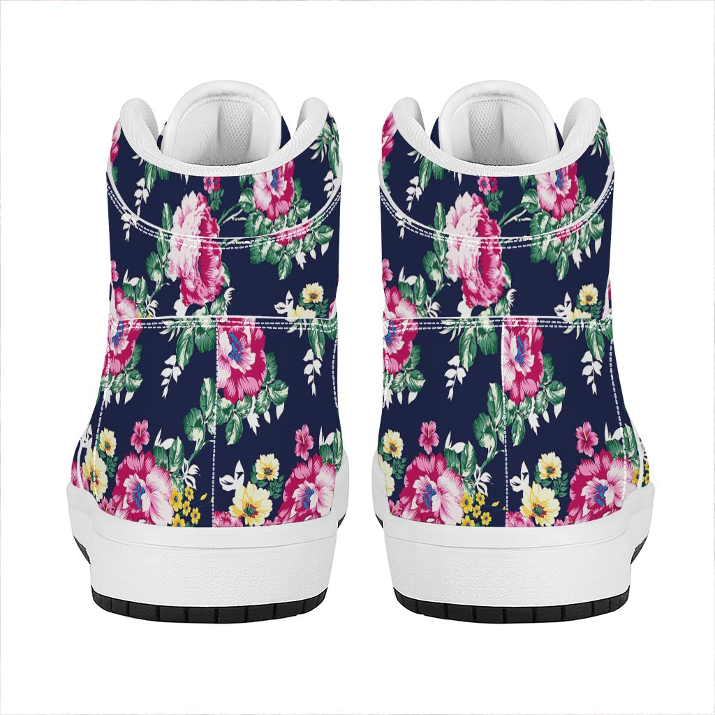Vintage Blossom Floral Pattern Print High Top Leather Sneakers