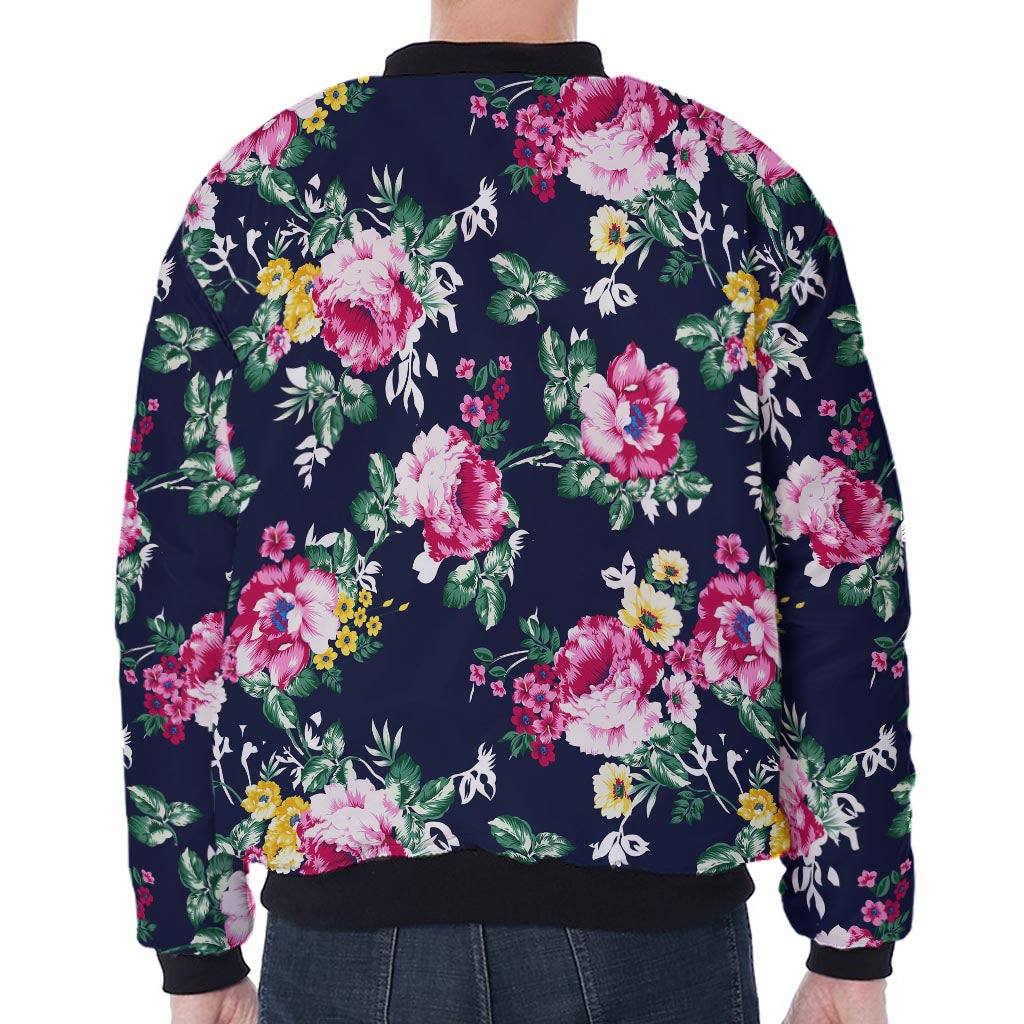 Vintage Blossom Floral Pattern Print Zip Sleeve Bomber Jacket