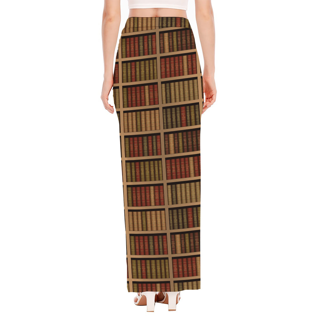 Vintage Bookshelf Pattern Print High Slit Maxi Skirt
