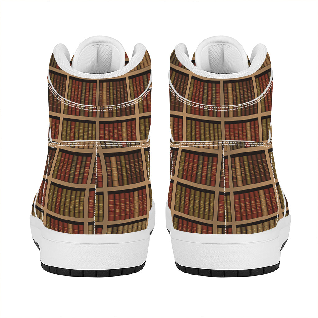 Vintage Bookshelf Pattern Print High Top Leather Sneakers
