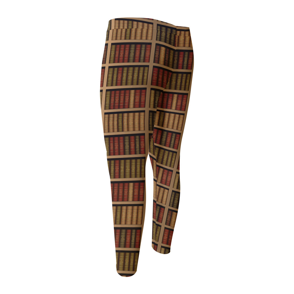 Vintage Bookshelf Pattern Print Men's Compression Pants