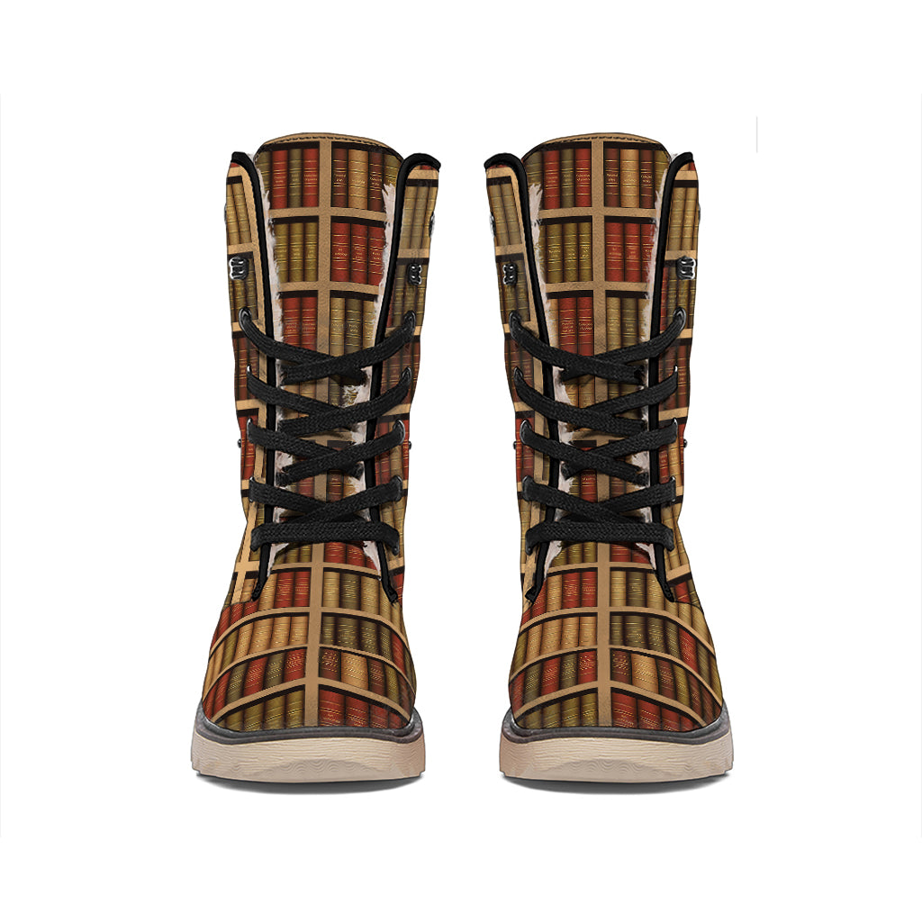 Vintage Bookshelf Pattern Print Winter Boots