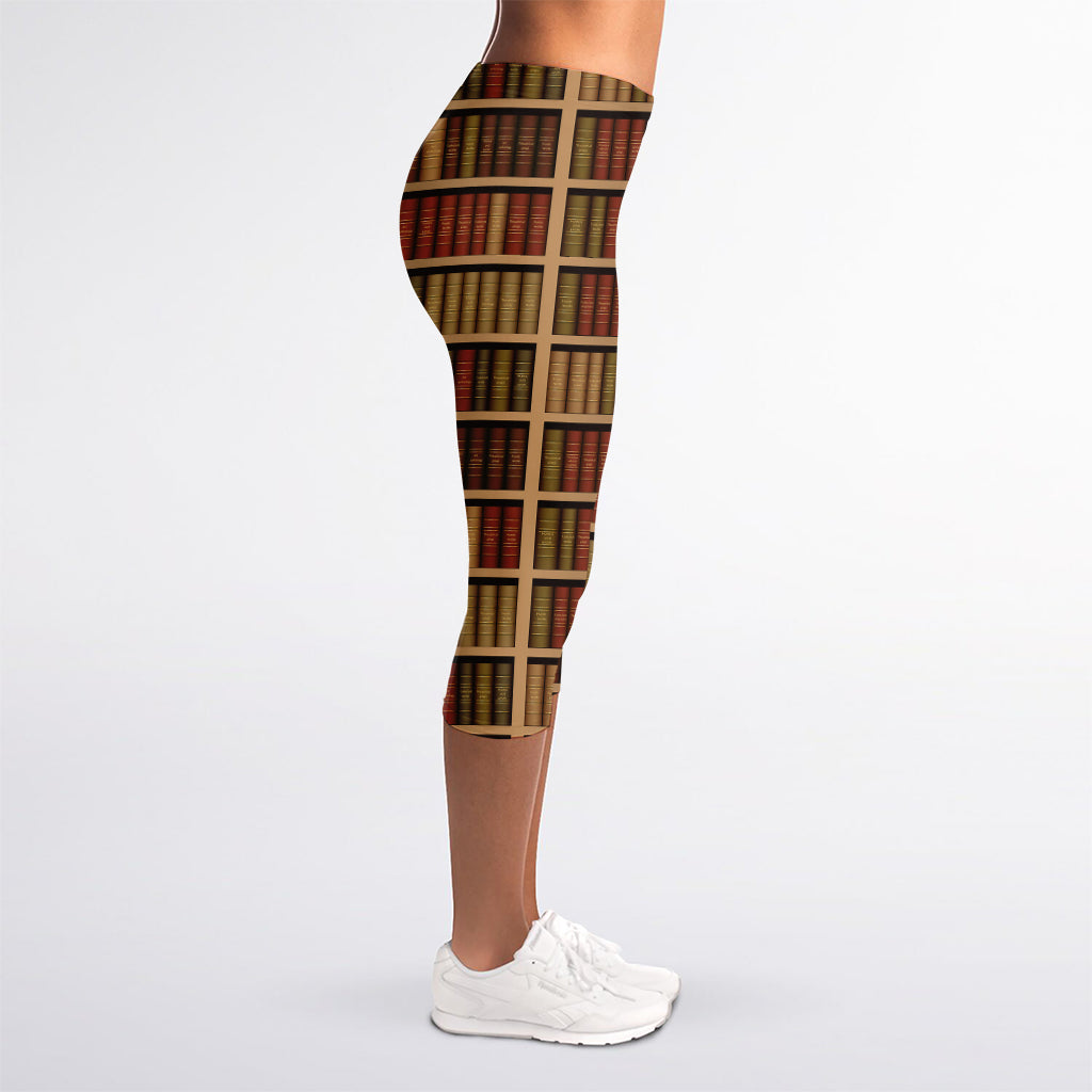 Vintage Bookshelf Pattern Print Women's Capri Leggings
