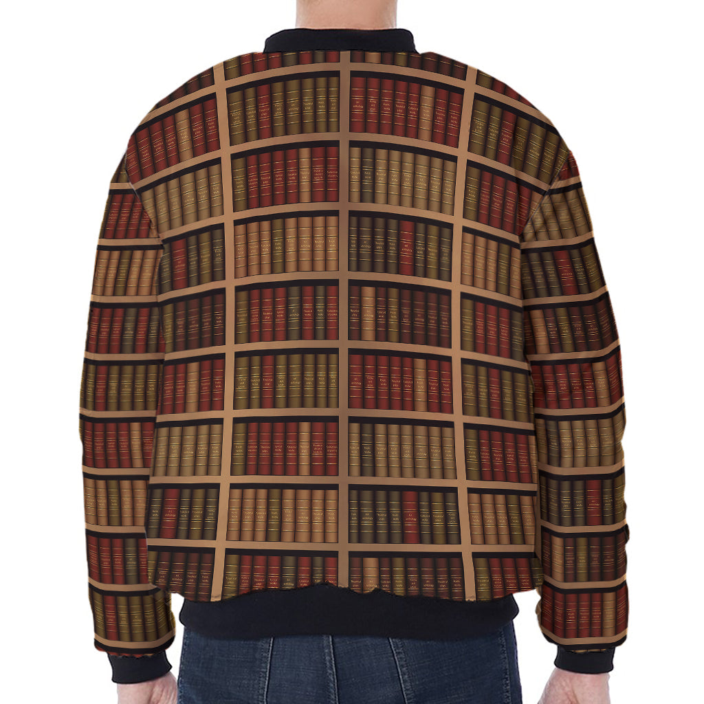 Vintage Bookshelf Pattern Print Zip Sleeve Bomber Jacket