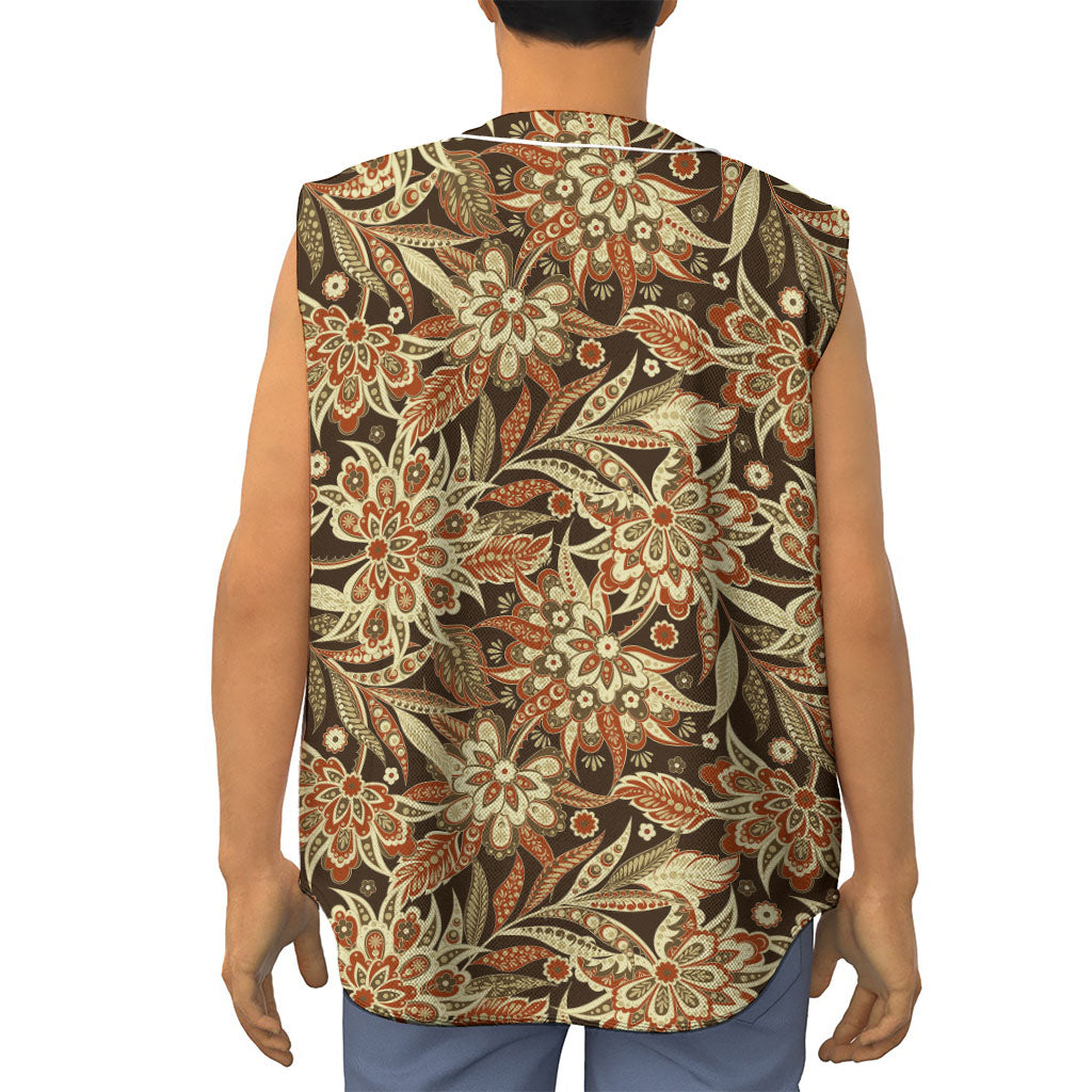 Vintage Brown Bohemian Floral Print Sleeveless Baseball Jersey