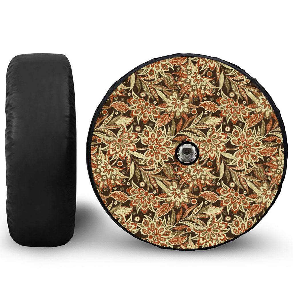 Vintage Brown Bohemian Floral Print Tire Cover With Camera Hole