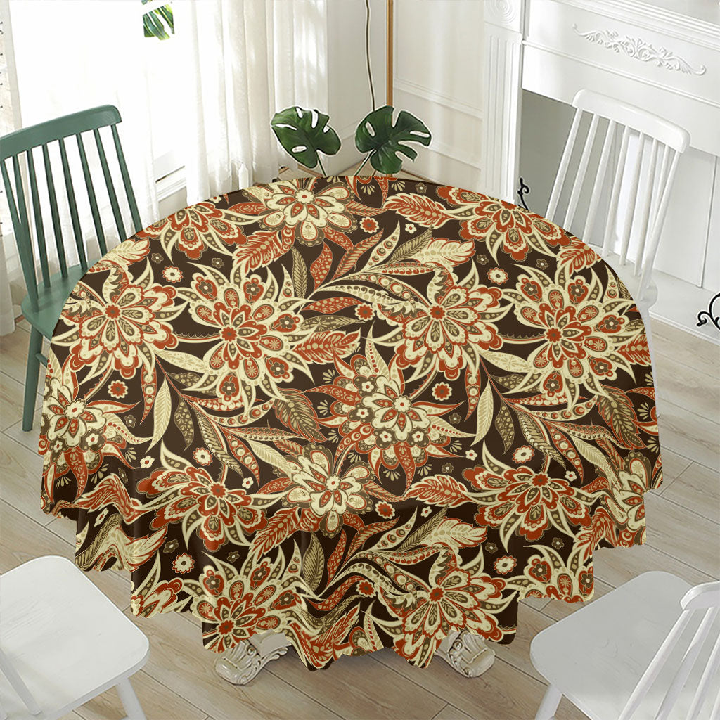 Vintage Brown Bohemian Floral Print Waterproof Round Tablecloth